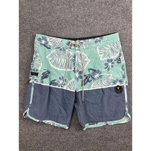 Vissla Board Shorts Mens 34 Green Blue Floral Hawaiian Quick Dry Surf Trunks